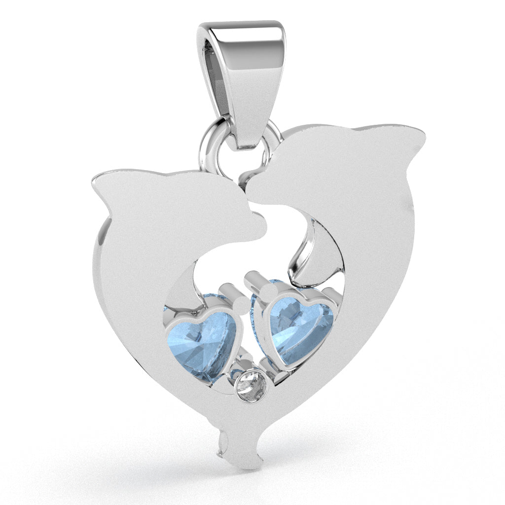 Aquamarine Diamond Dolphin 2 Heart Birthstone  Pendant in 10k White Gold
