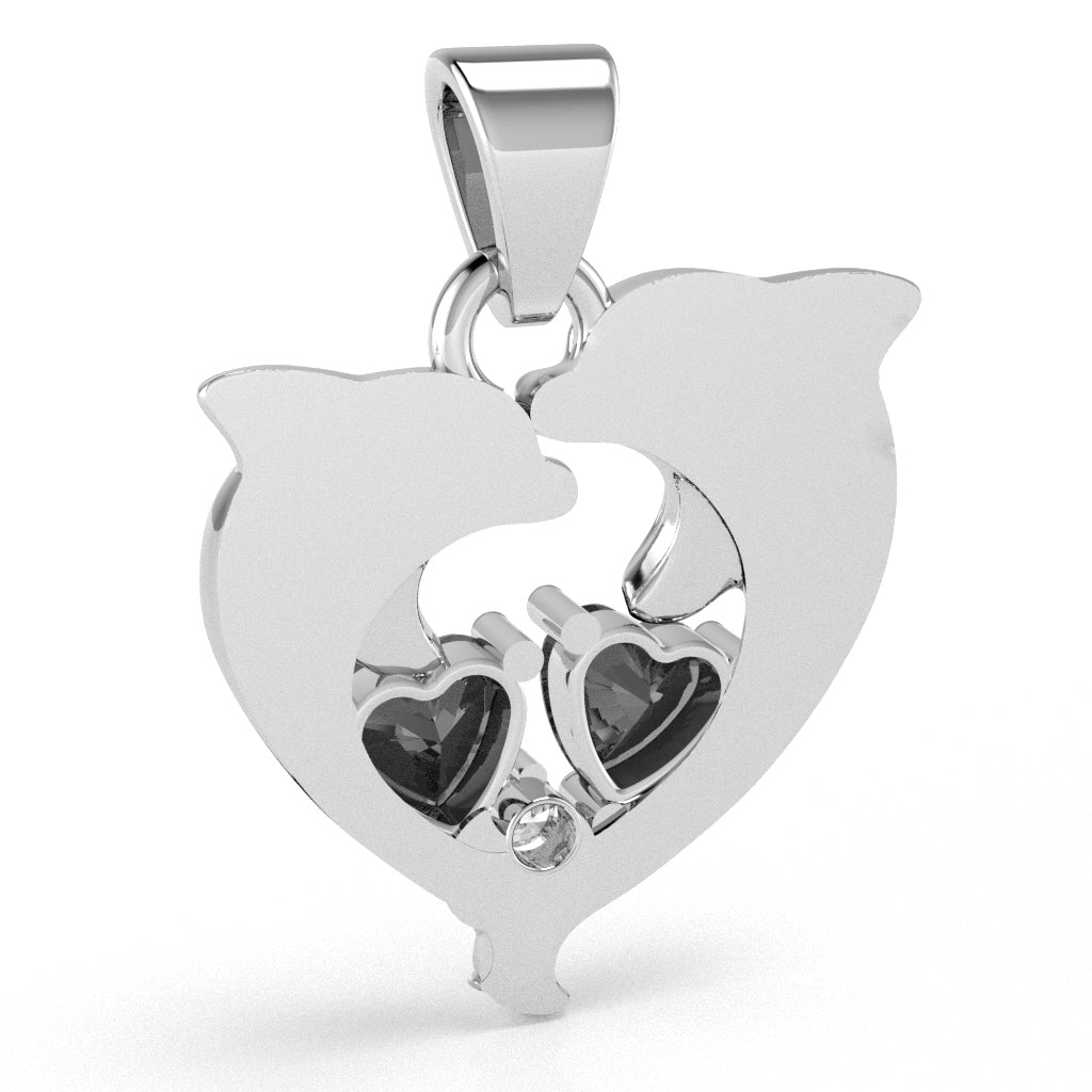 Black Onyx Diamond Dolphin 2 Heart Birthstone  Pendant in 14k White Gold