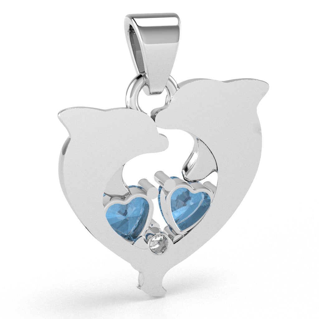 Blue Topaz Diamond Dolphin 2 Heart Birthstone  Pendant in 14k White Gold