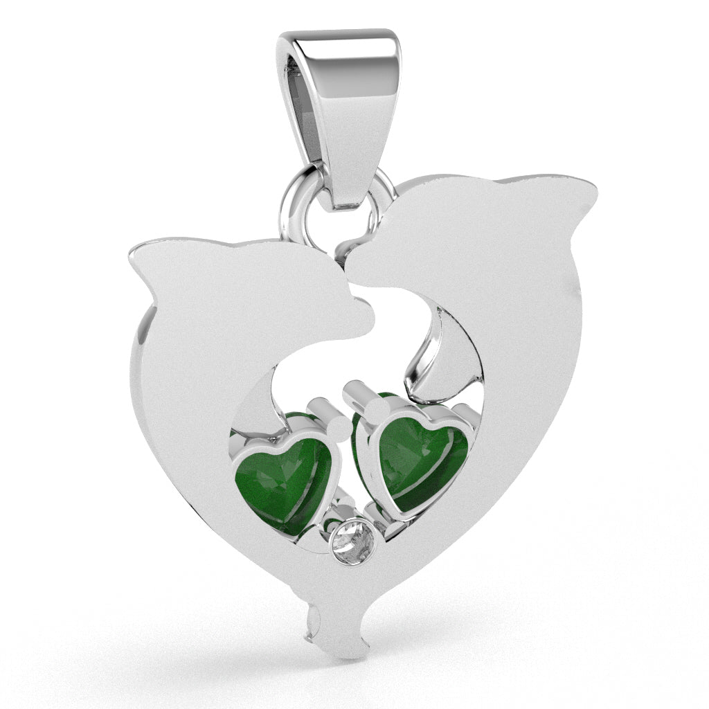 Emerald Diamond Dolphin 2 Heart Birthstone  Pendant in 14k White Gold