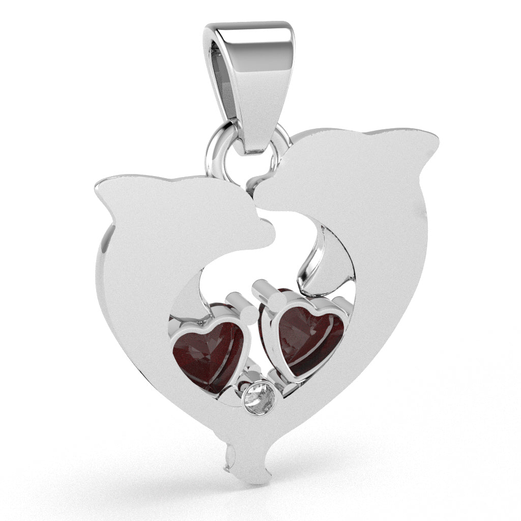 Garnet Diamond Dolphin 2 Heart Birthstone  Pendant in 14k White Gold