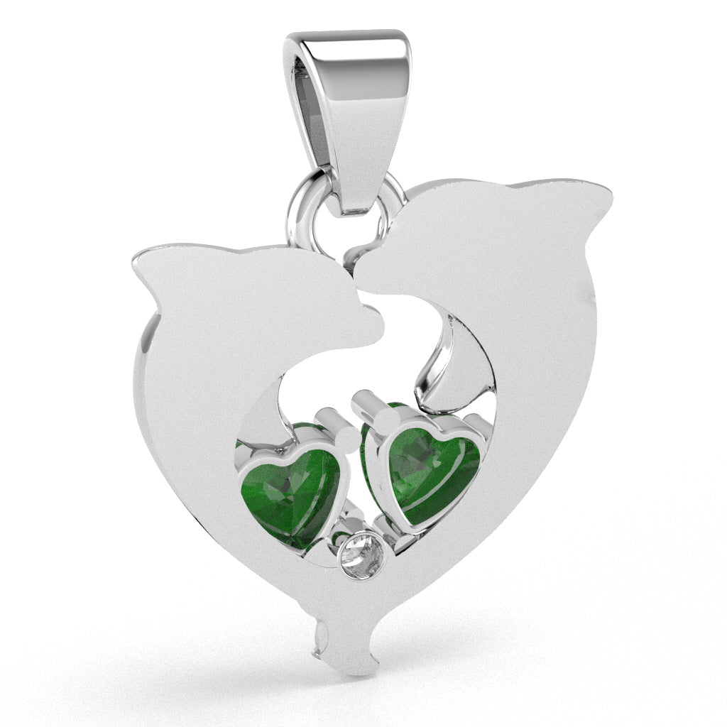 Lab-Created Emerald Diamond Dolphin 2 Heart Birthstone  Pendant in 14k White Gold