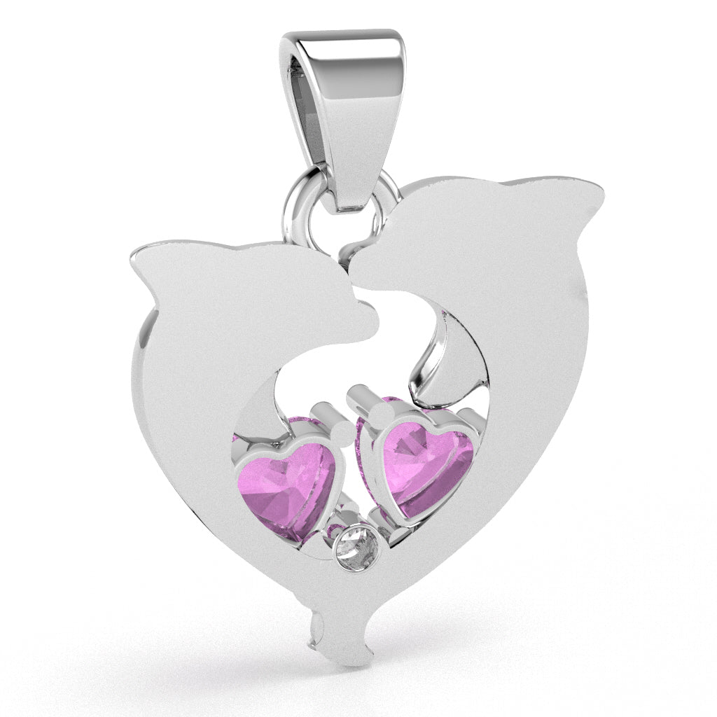 Lab-Created Pink Sapphire Diamond Dolphin 2 Heart Birthstone  Pendant in 14k White Gold
