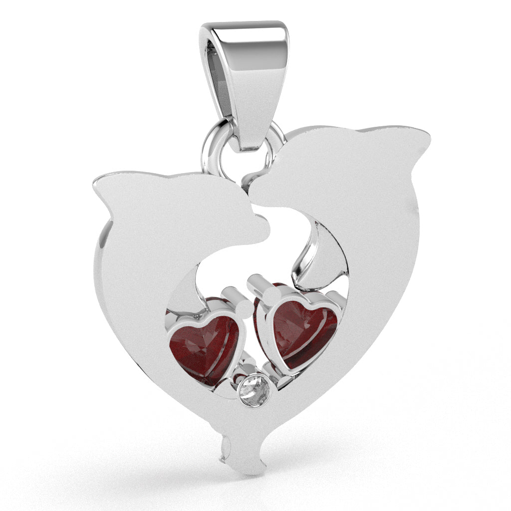 Lab-Created Ruby Diamond Dolphin 2 Heart Birthstone  Pendant in 14k White Gold