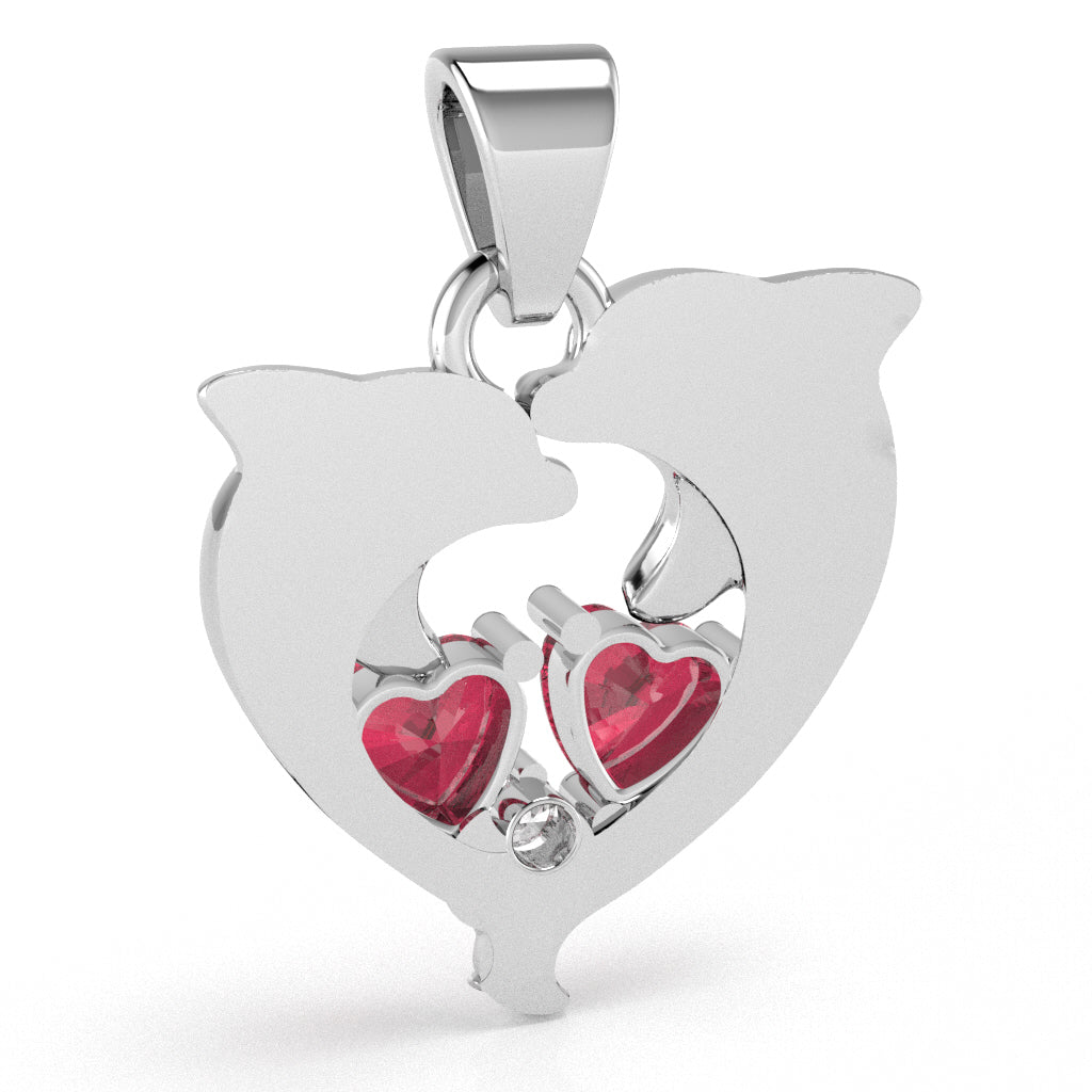 Pink Tourmaline Diamond Dolphin 2 Heart Birthstone  Pendant in 14k White Gold