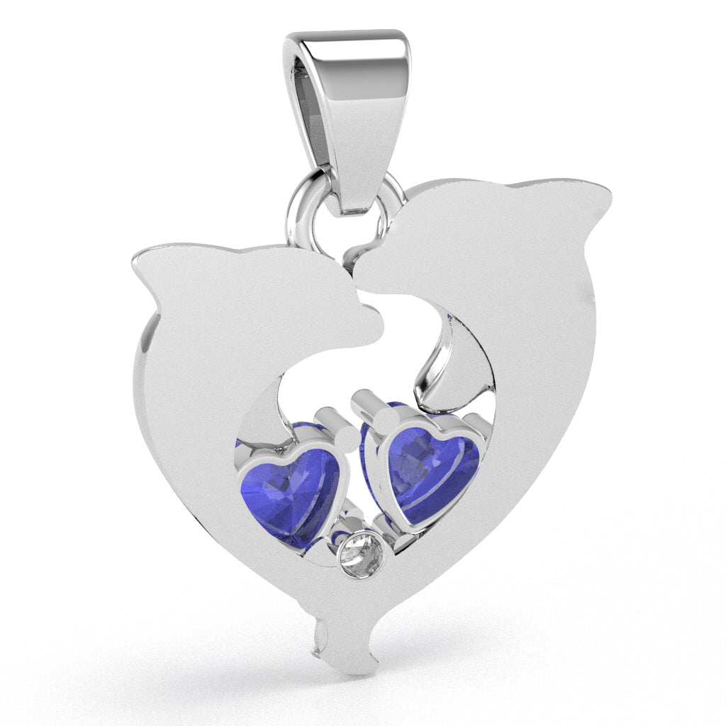 Tanzanite Diamond Dolphin 2 Heart Birthstone  Pendant in 14k White Gold