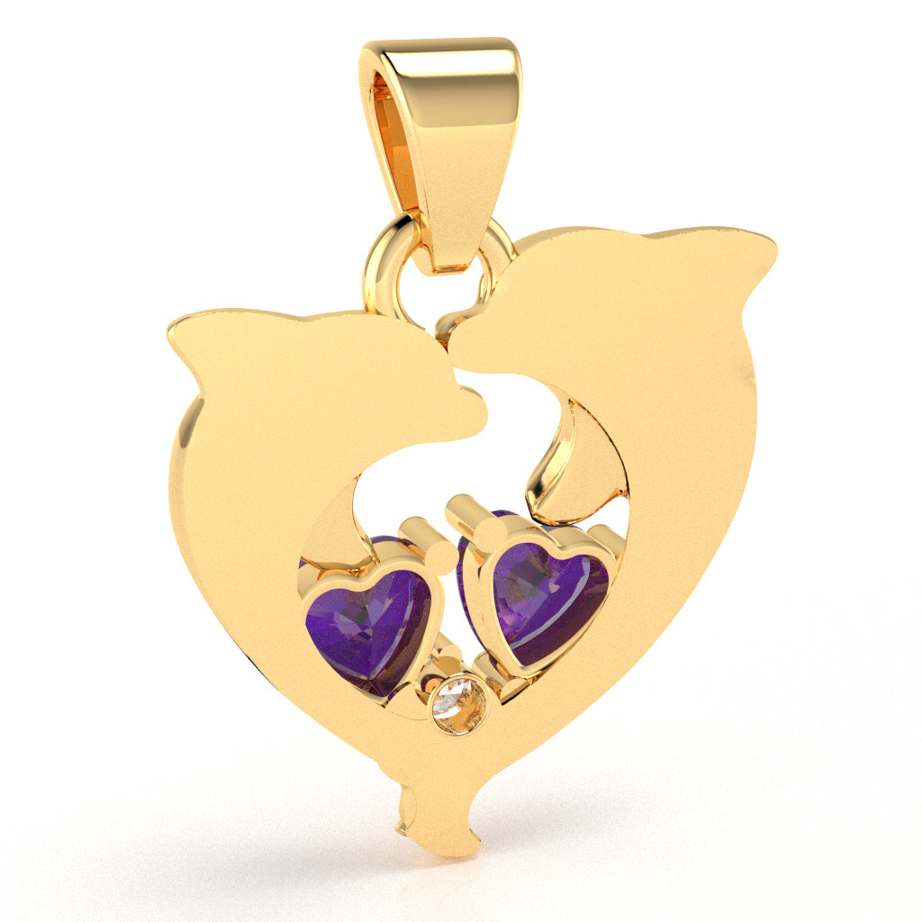 Amethyst Diamond Dolphin 2 Heart Birthstone  Pendant in 14k Yellow Gold
