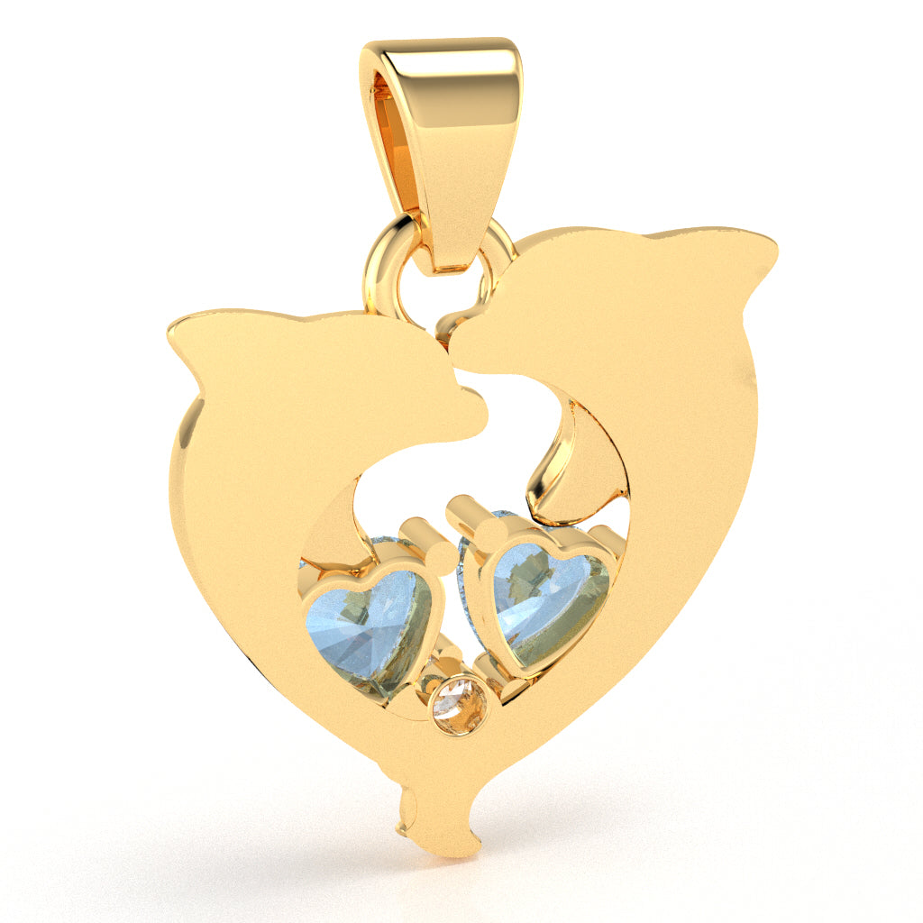 Aquamarine Diamond Dolphin 2 Heart Birthstone  Pendant in 14k Yellow Gold