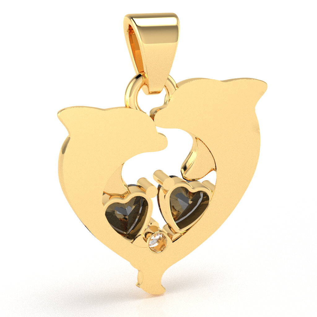 Black Onyx Diamond Dolphin 2 Heart Birthstone  Pendant in 14k Yellow Gold