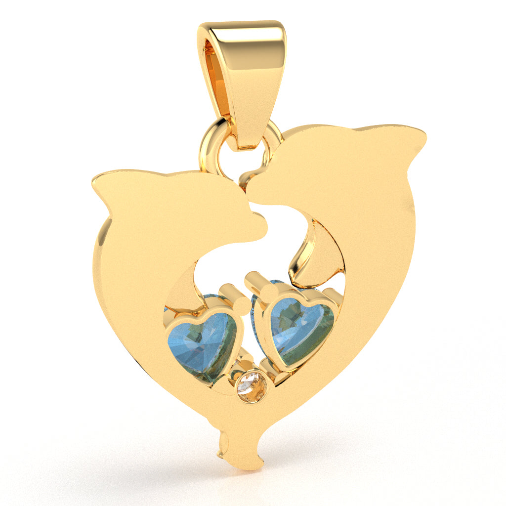 Blue Topaz Diamond Dolphin 2 Heart Birthstone  Pendant in 14k Yellow Gold