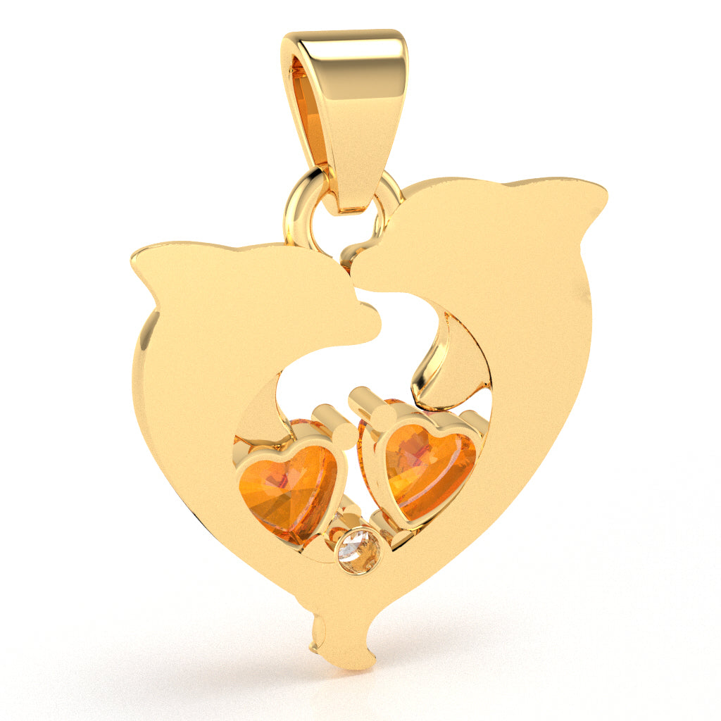 Citrine Diamond Dolphin 2 Heart Birthstone  Pendant in 14k Yellow Gold