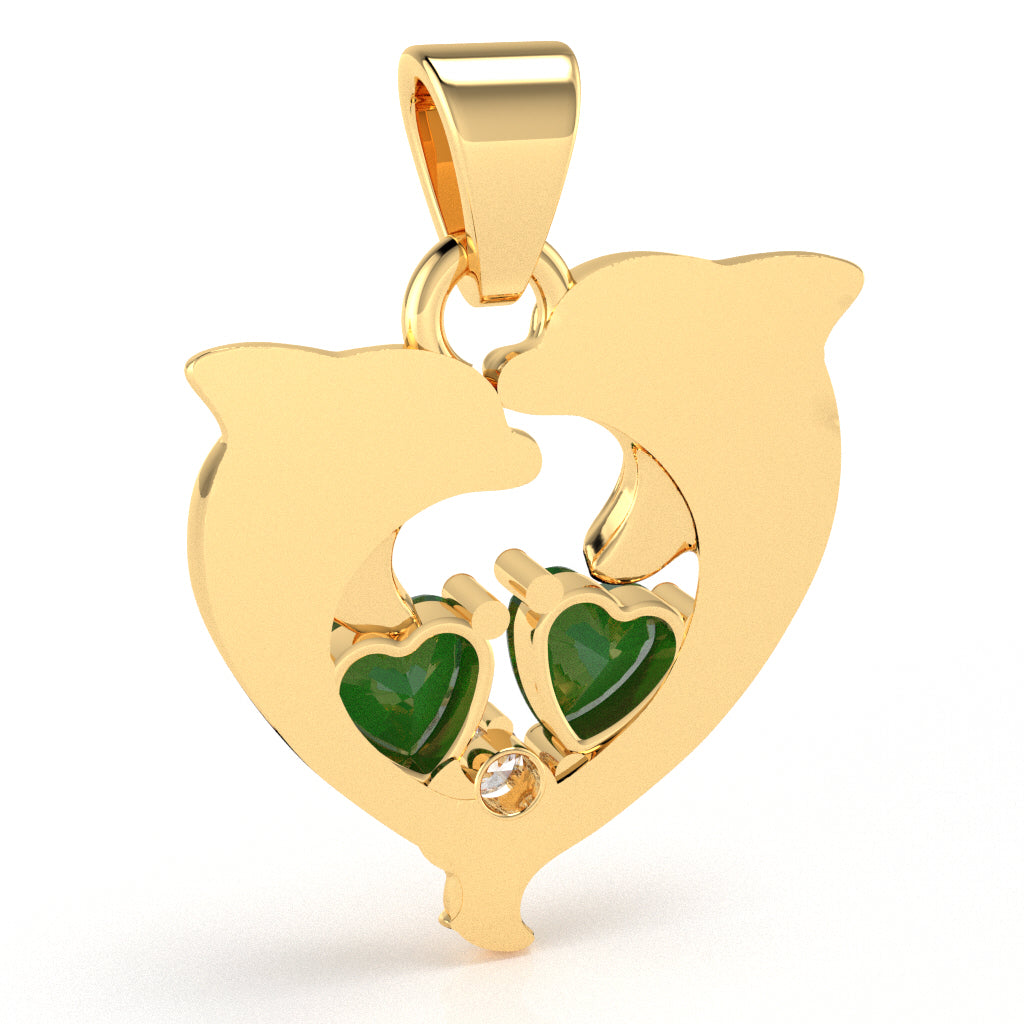 Emerald Diamond Dolphin 2 Heart Birthstone  Pendant in 14k Yellow Gold