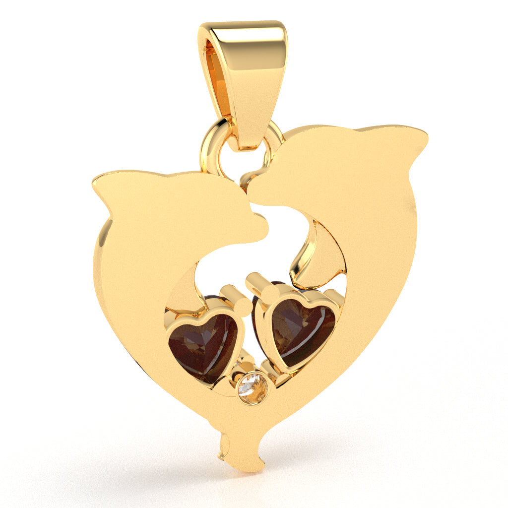 Garnet Diamond Dolphin 2 Heart Birthstone  Pendant in 14k Yellow Gold