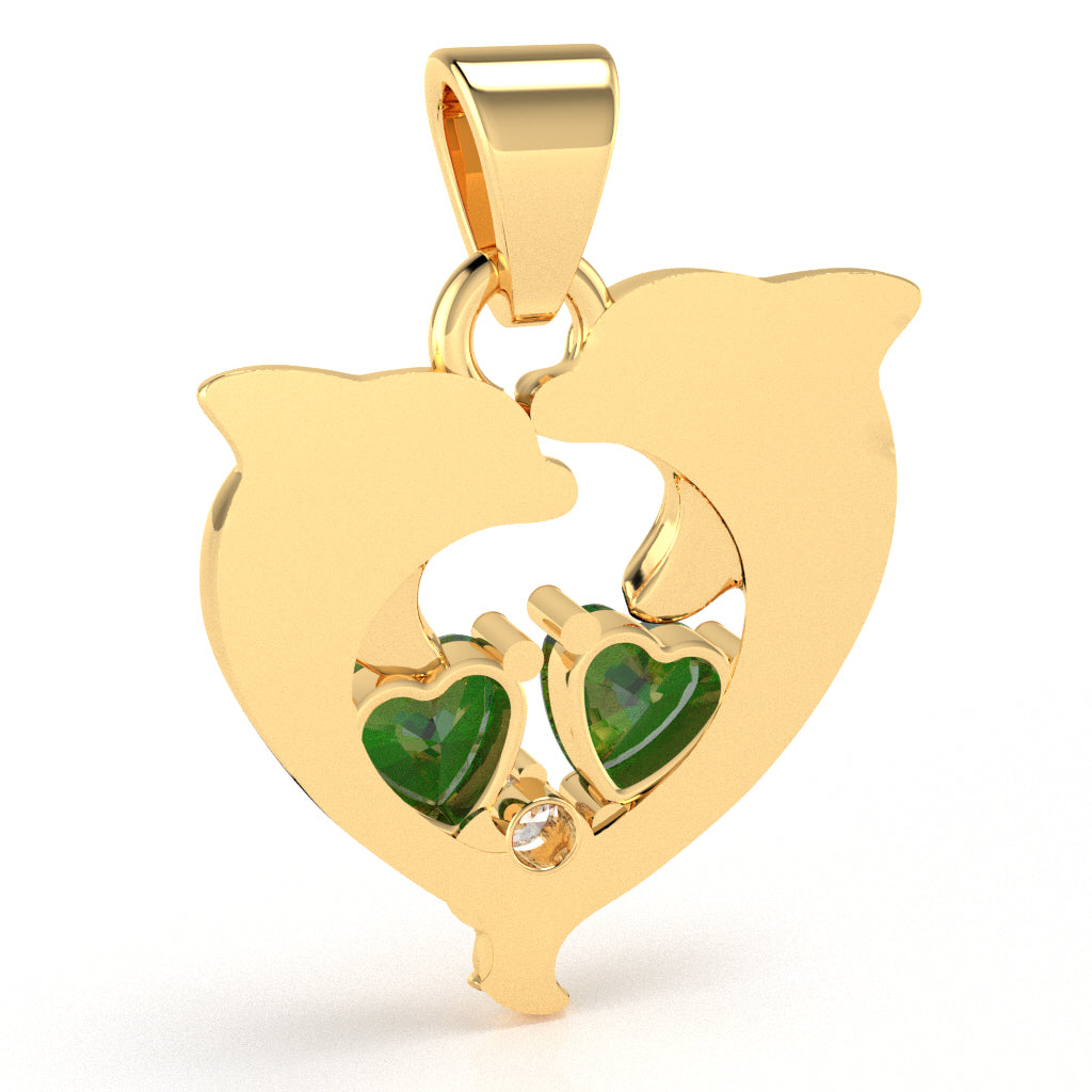 Lab-Created Emerald Diamond Dolphin 2 Heart Birthstone  Pendant in 10k Yellow Gold