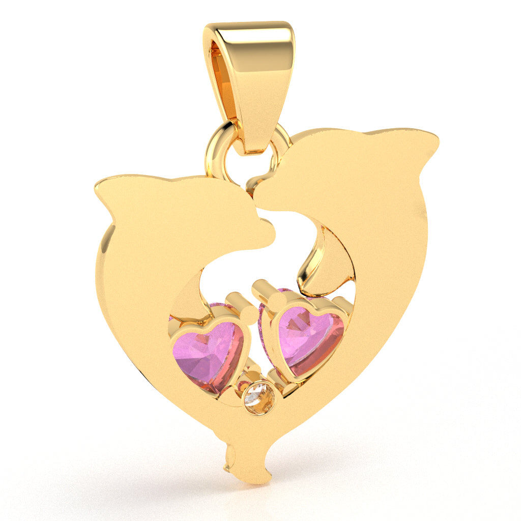 Lab-Created Pink Sapphire Diamond Dolphin 2 Heart Birthstone  Pendant in 10k Yellow Gold