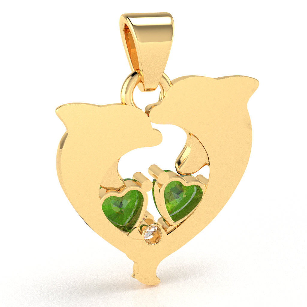 Peridot Diamond Dolphin 2 Heart Birthstone  Pendant in 14k Yellow Gold