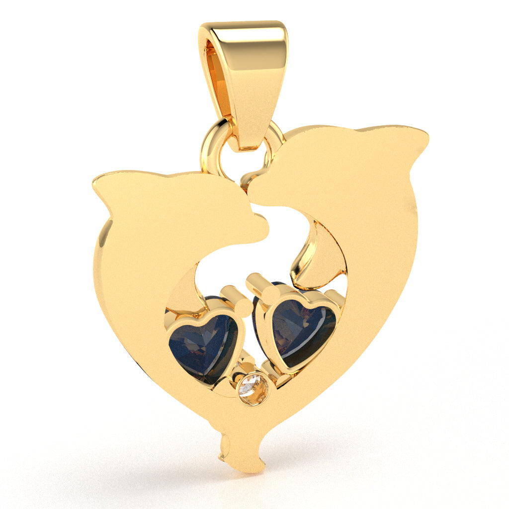 Lab-Created Sapphire Diamond Dolphin 2 Heart Birthstone  Pendant in 10k Yellow Gold