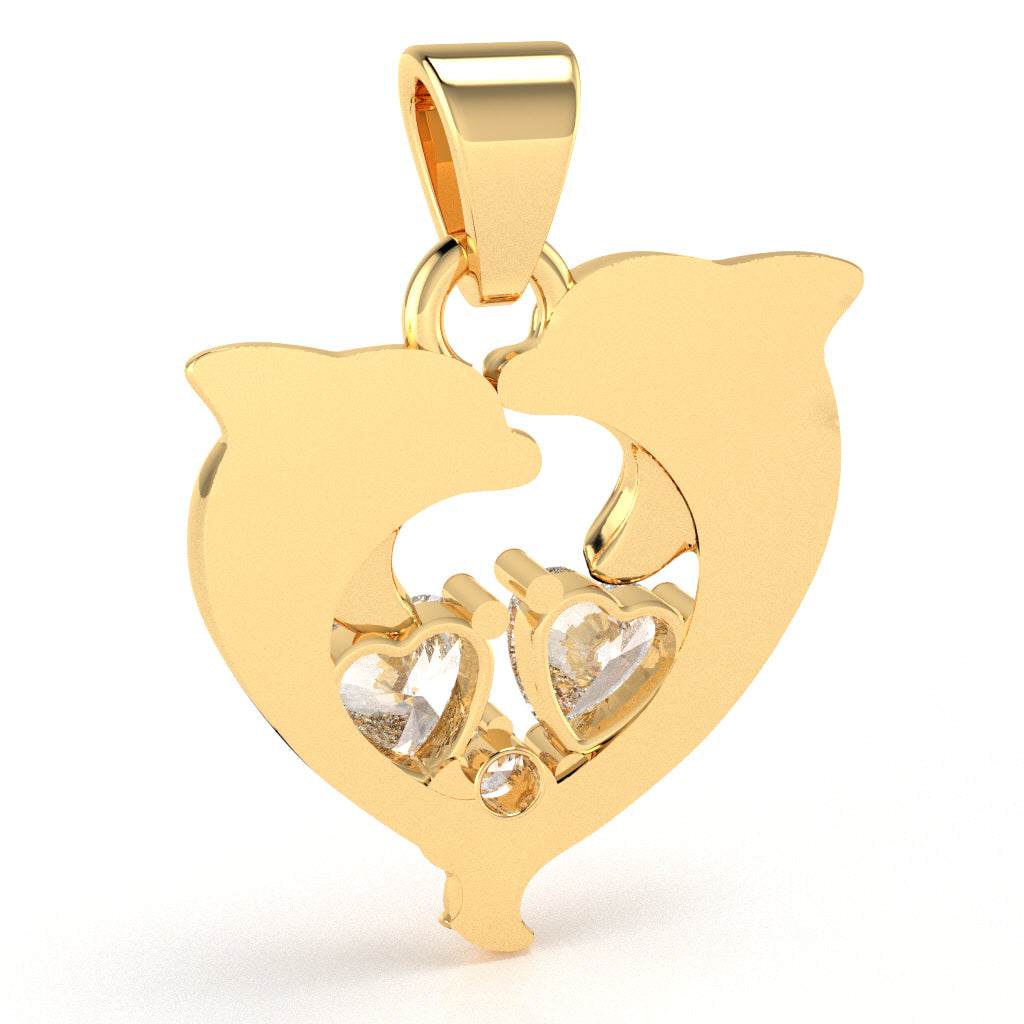 White Topaz Diamond Dolphin 2 Heart Birthstone  Pendant in 14k Yellow Gold