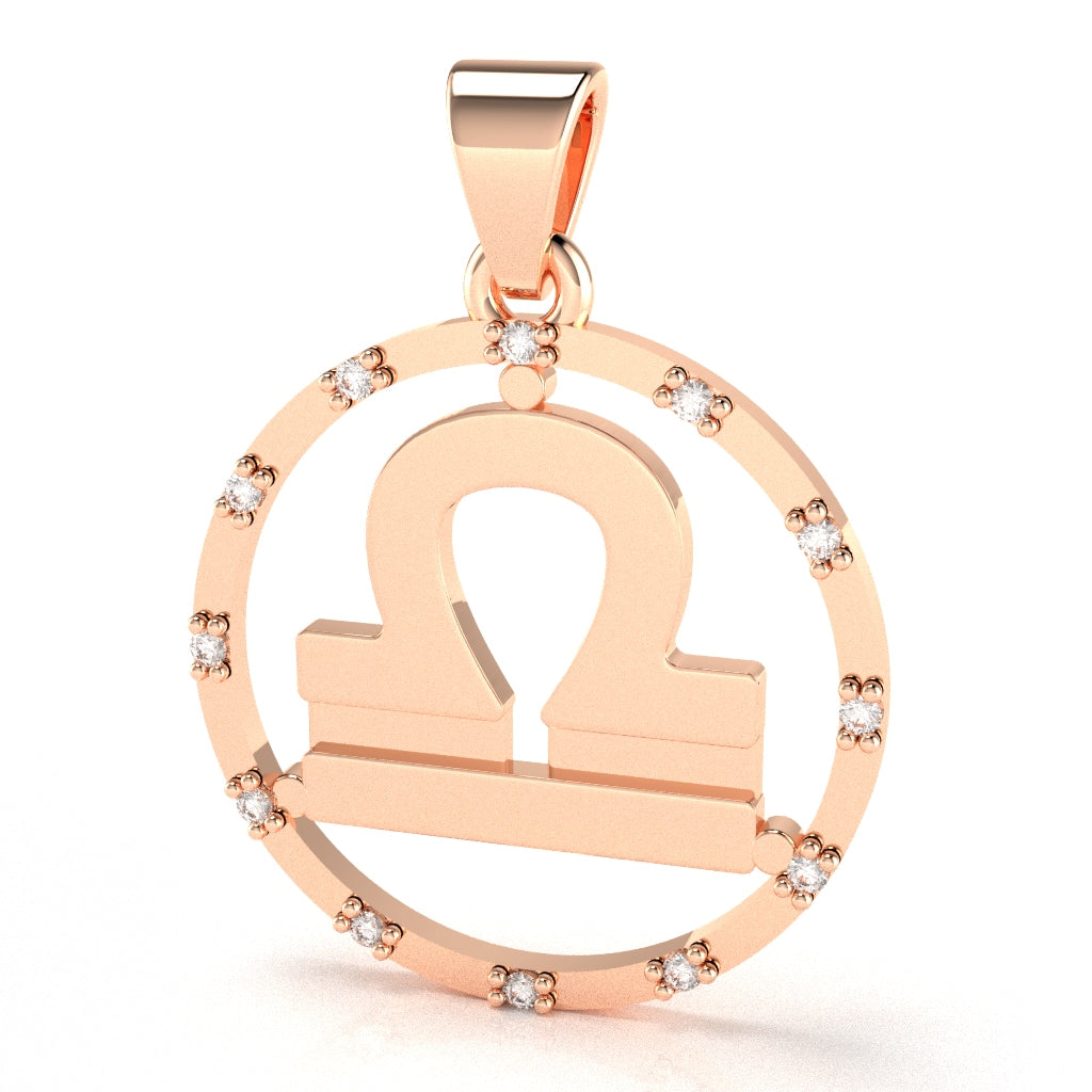 Libra Zodiac Sign Diamond Bezel Pendant In Solid 14K Rose Gold