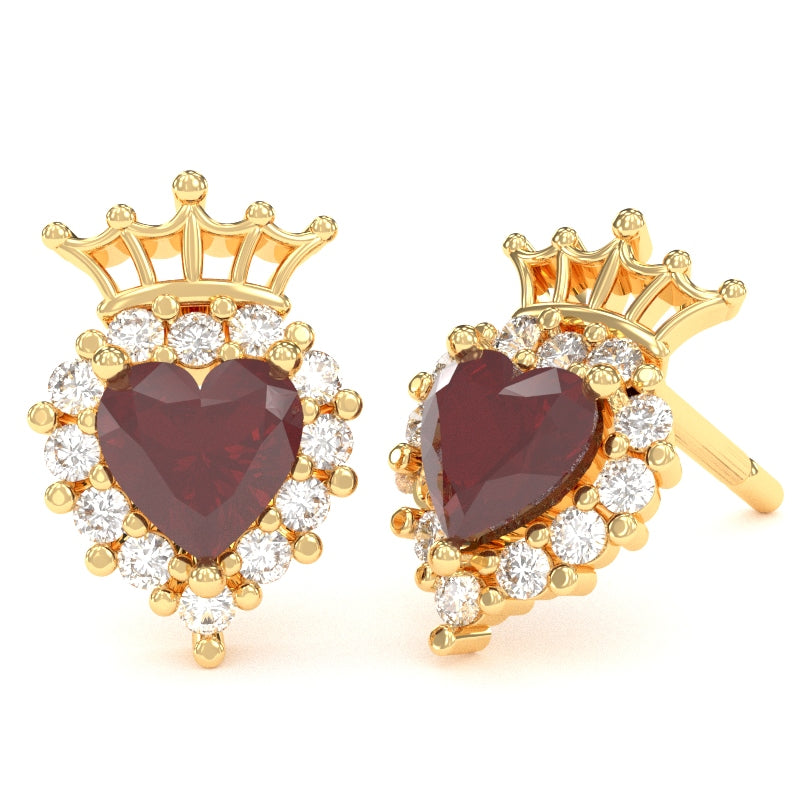 Ruby Diamond Claddagh Motive Stud Earrings in 14k Yellow Gold