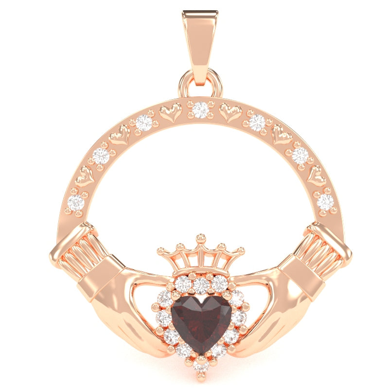 Garnet Diamond Claddagh  Pendant in 14k Rose Gold