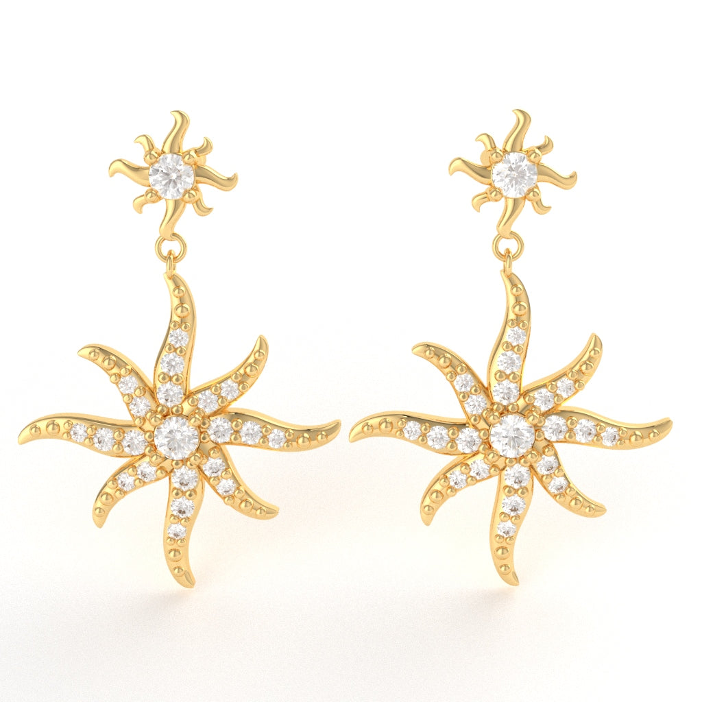 Starburst Sun Diamond Encrusted Earrings in 10k Yellow Gold