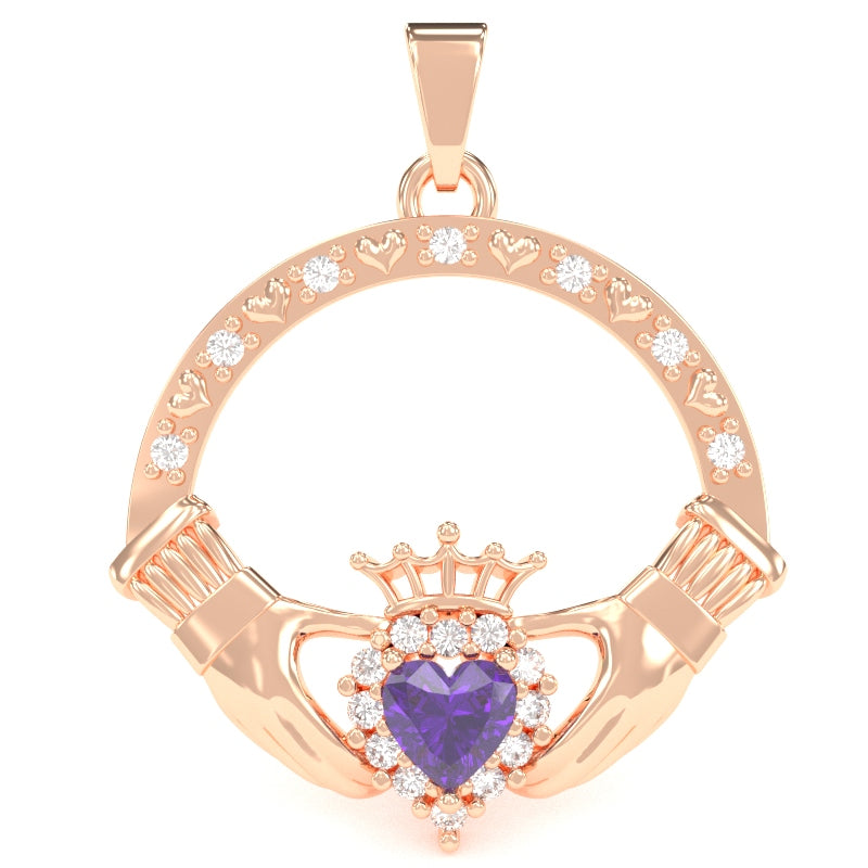 Amethyst Diamond Claddagh  Pendant in 14k Rose Gold
