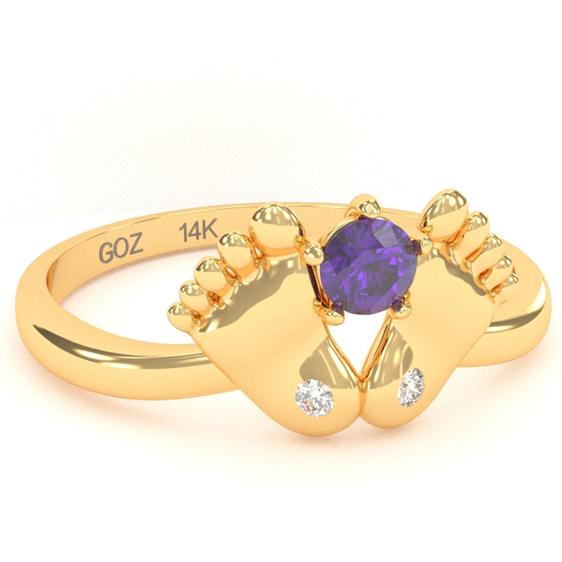 Baby Feet Amethyst Diamond Ring In 14k Yellow Gold