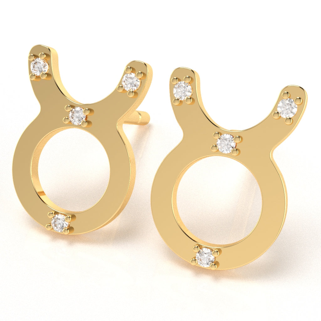 Taurus Zodiac Sign Diamond Stud Earrings In Solid 10K Yellow Gold
