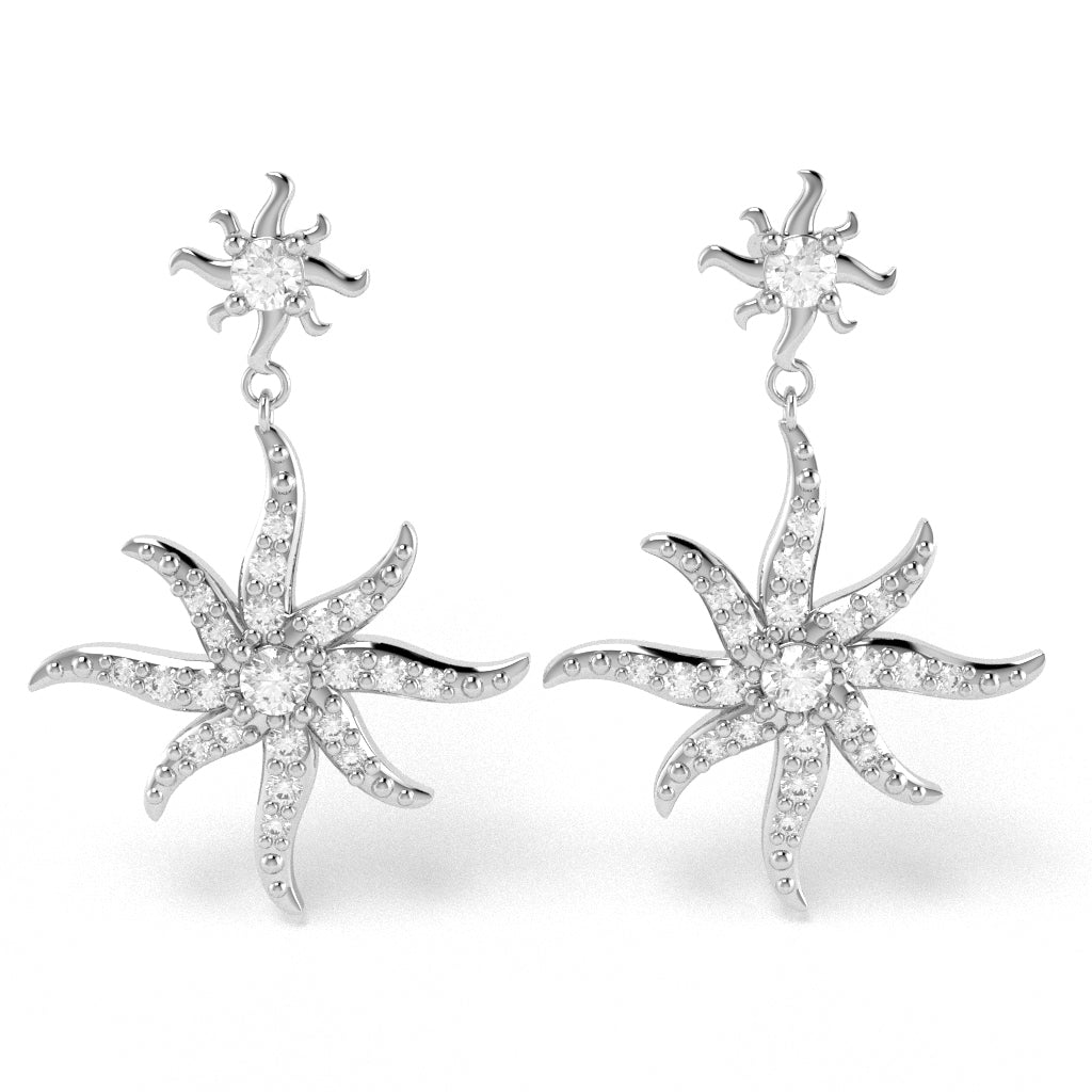 Starburst Sun Diamond Encrusted Earrings in 10k White Gold