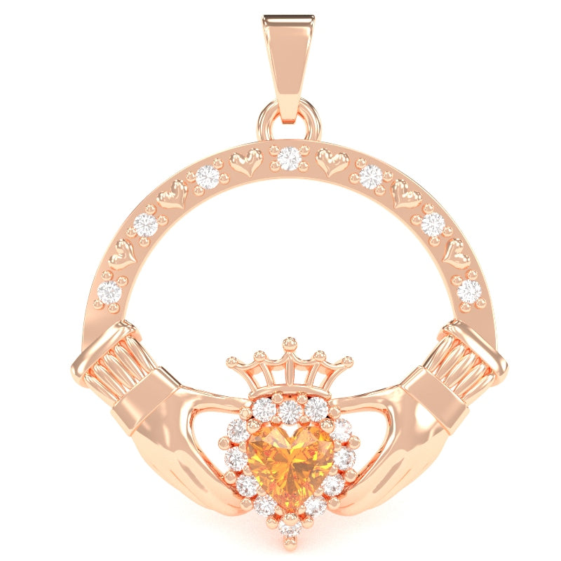 Citrine Diamond Claddagh  Pendant in 14k Rose Gold