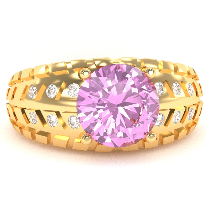 Men's Tire Tread Lab-Created Pink Sapphire Diamond Ring In Solid 14k Yellow Gold
