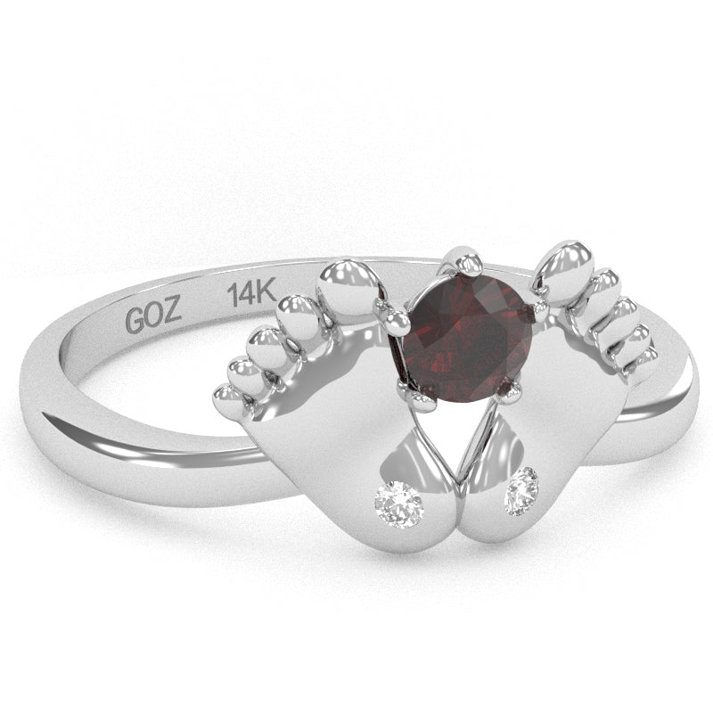 Baby Feet Garnet Diamond Ring In 14k White Gold