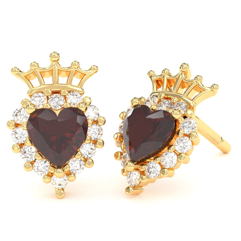Garnet Diamond Claddagh Motive Stud Earrings in 14k Yellow Gold