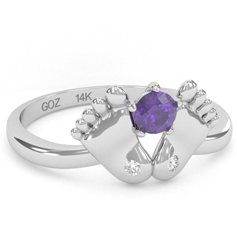 Baby Feet Amethyst Diamond Ring In 14k White Gold