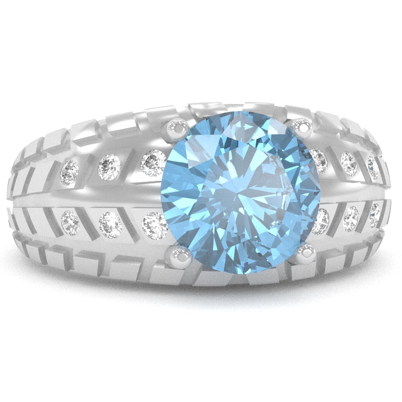 Men's Tire Tread Blue Topaz Diamond Ring In Solid 14k White Gold