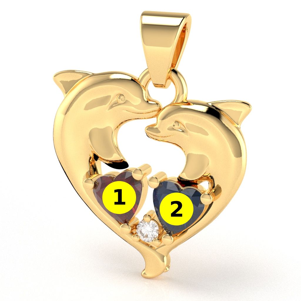 Customizable Gemstone Diamond Dolphin 2 Heart Birthstone Pendant in 14k Yellow Gold