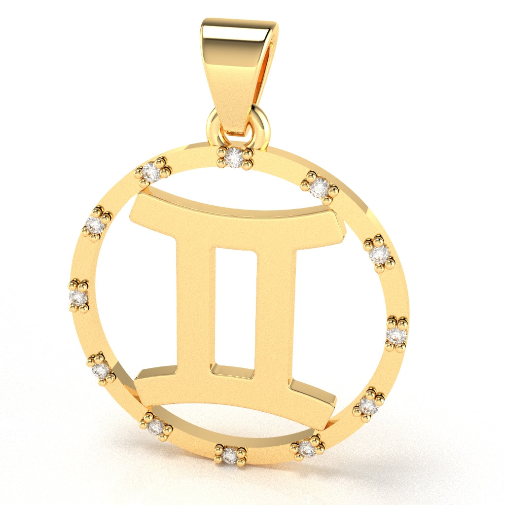 Gemini Zodiac Sign Diamond Bezel Pendant In Solid 10K Yellow Gold