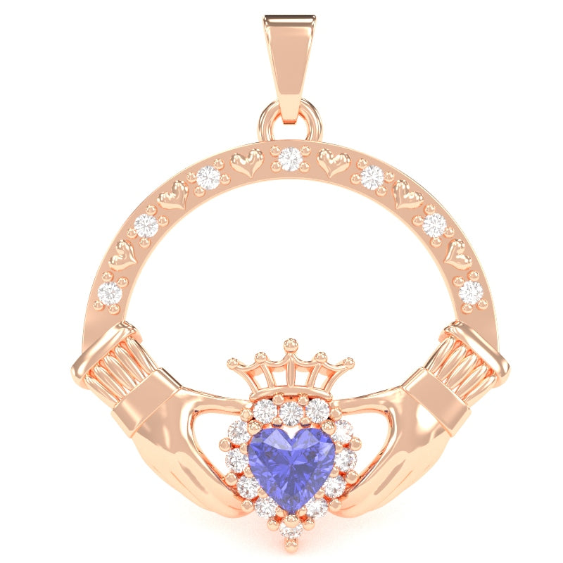 Tanzanite Diamond Claddagh  Pendant in 14k Rose Gold