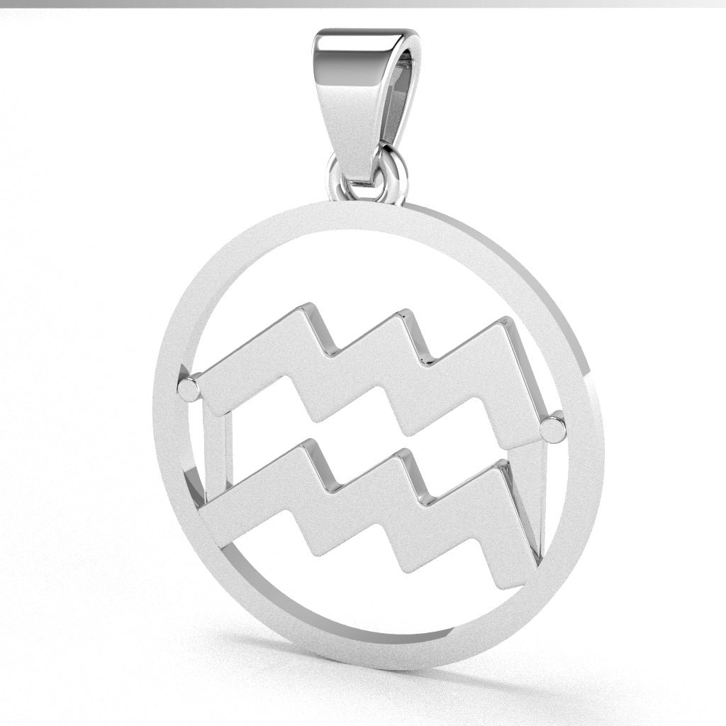 Aquarius Zodiac Sign Round Bezel Pendant In Solid 14K White Gold