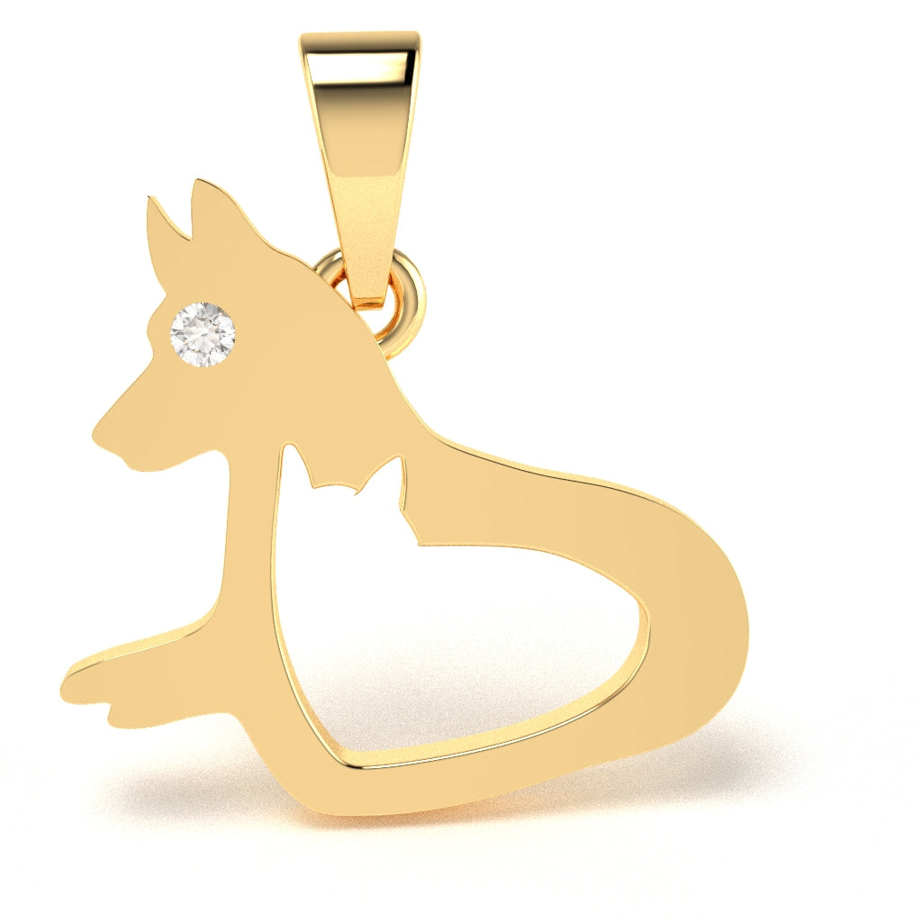 Dog And Cat  Diamond Pendant In Solid 14k Yellow Gold