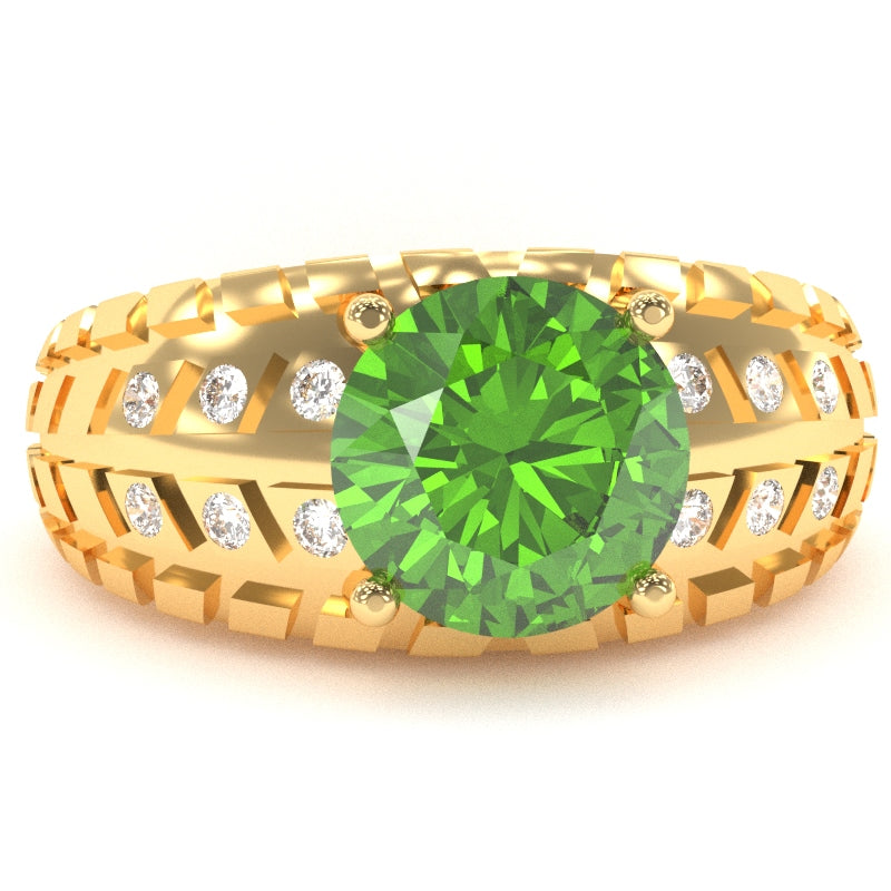 Men's Tire Tread Peridot Diamond Ring In Solid 14k Yellow Gold