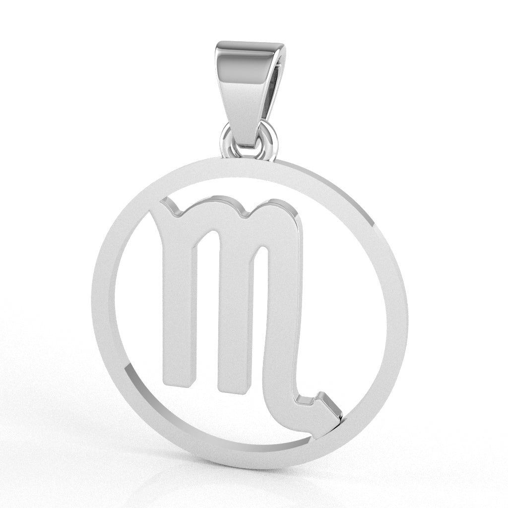 Scorpio Zodiac Sign Round Bezel Pendant In Solid 14K White Gold
