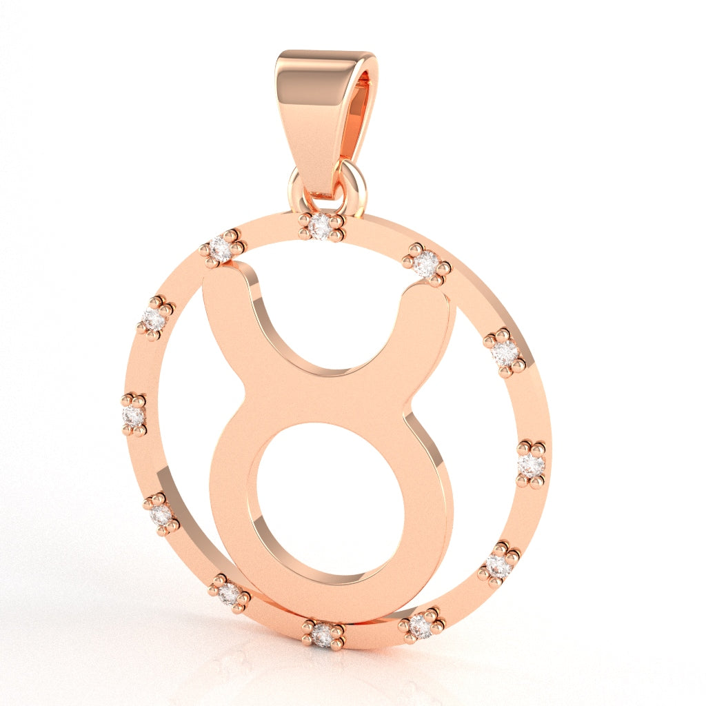 Taurus Zodiac Sign Diamond Bezel Pendant In Solid 14K Rose Gold