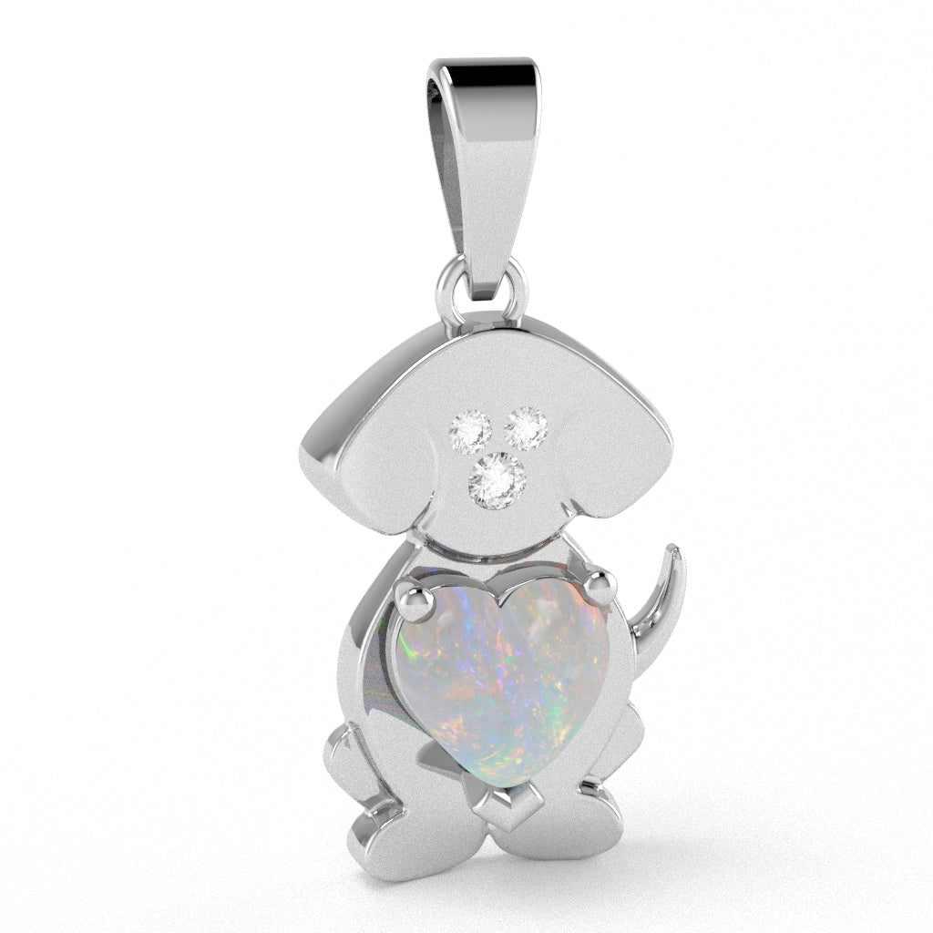 Opal Diamond  Puppy Love Heart Pendant In 10k White Gold