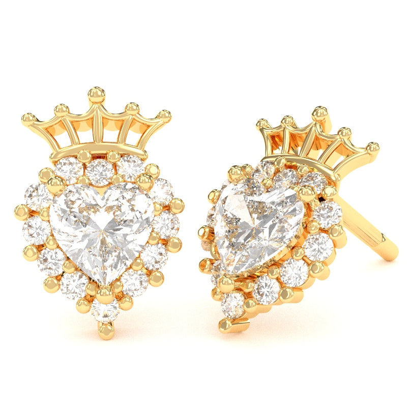 White Topaz Diamond Claddagh Motive Stud Earrings in 14k Yellow Gold
