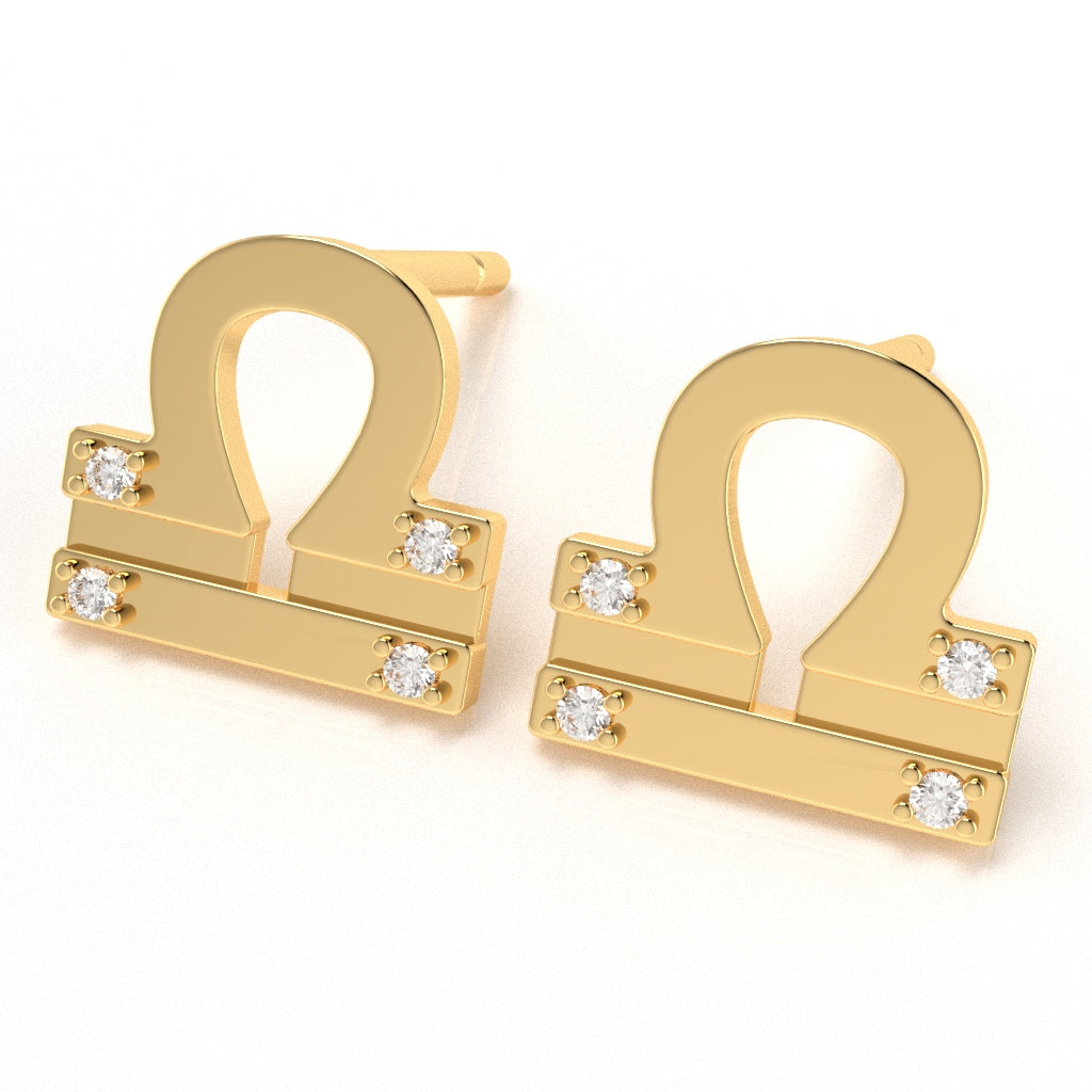 Libra Zodiac Sign Diamond Stud Earrings In Solid 10K Yellow Gold