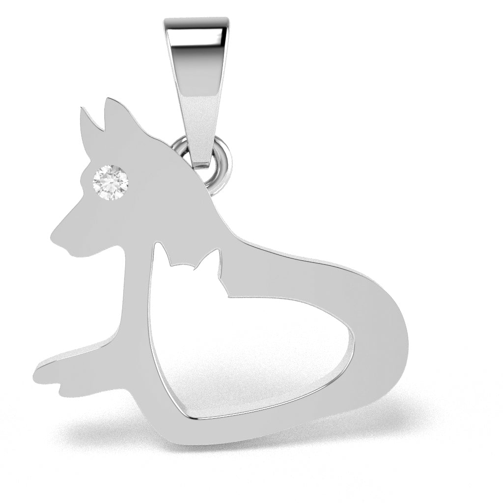 Dog And Cat  Diamond Pendant In Solid 14k White Gold