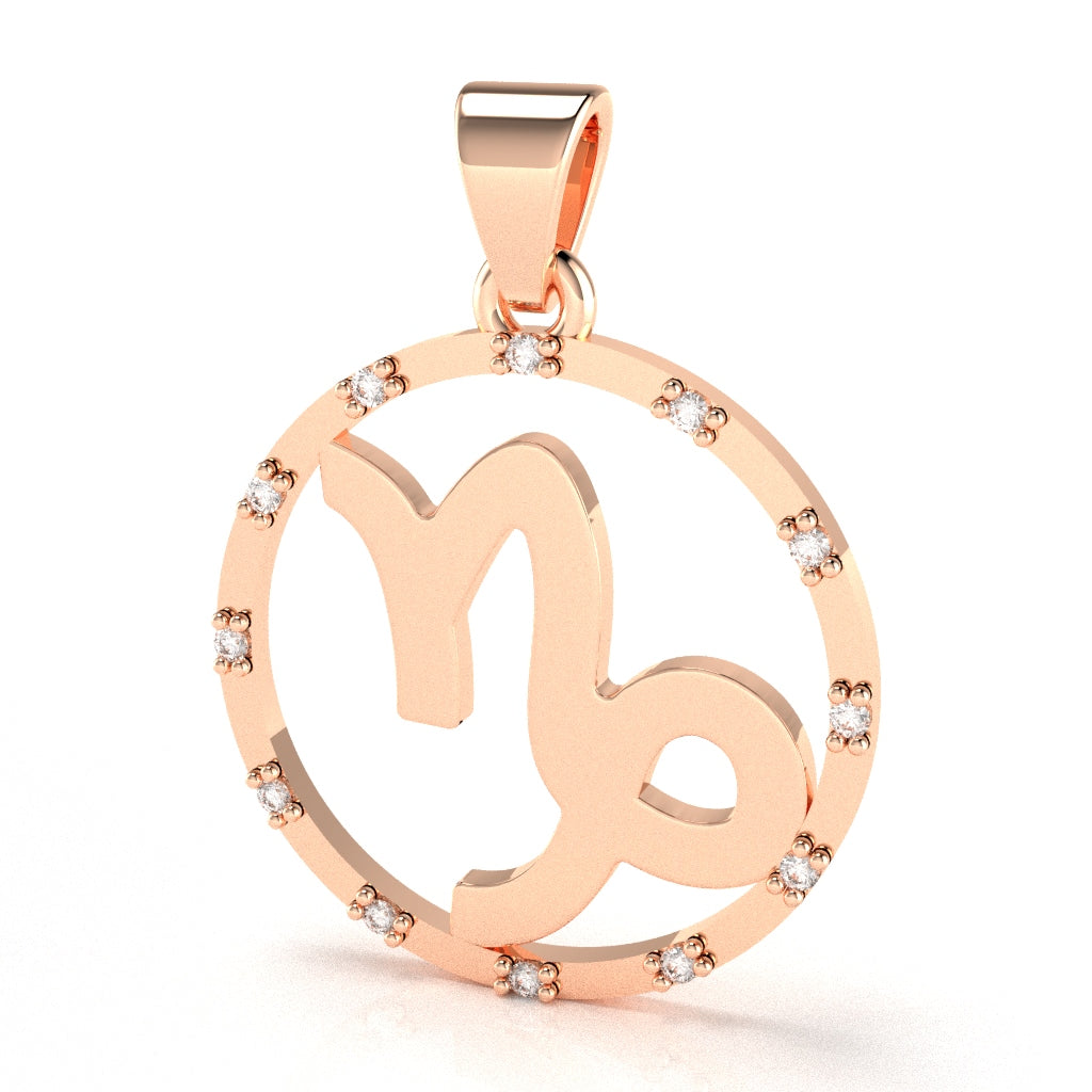 Capricorn Zodiac Sign Diamond Bezel Pendant In Solid 14K Rose Gold