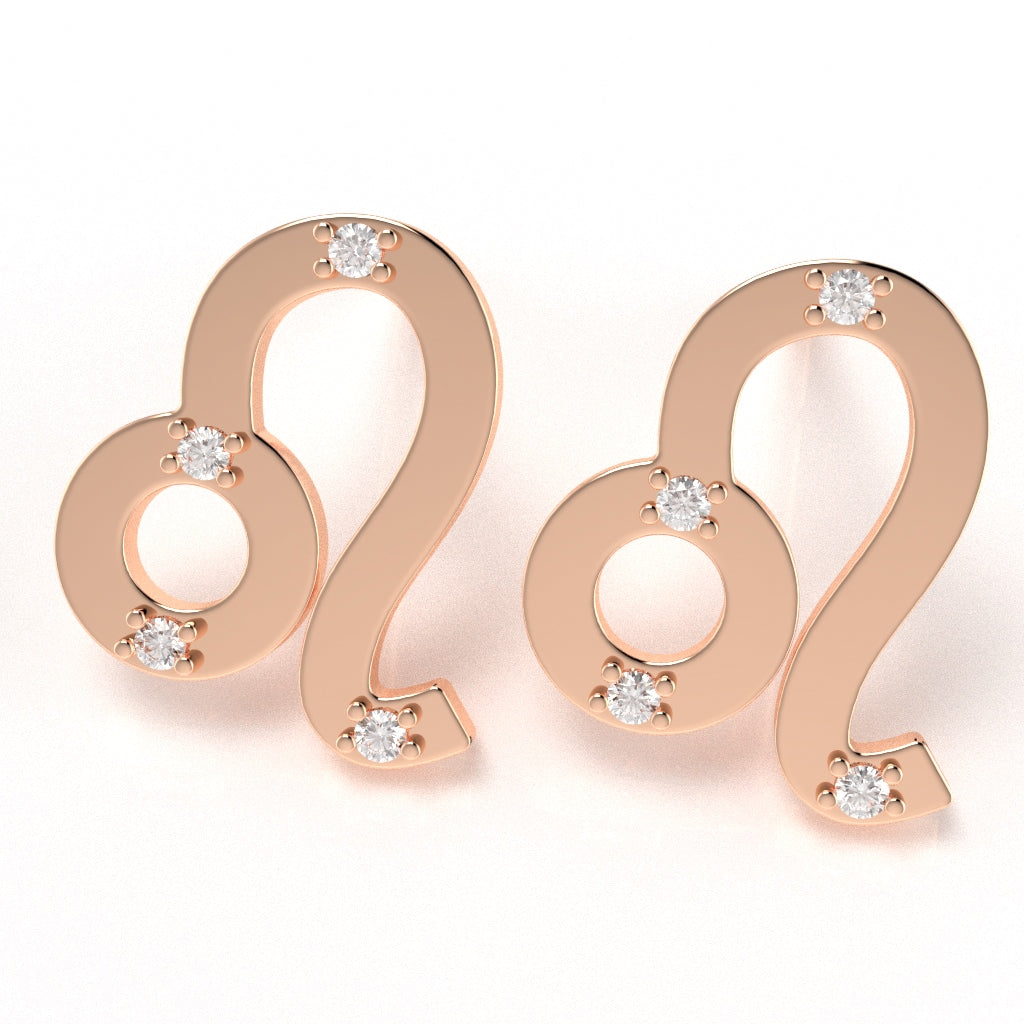 Leo Zodiac Sign Diamond Stud Earrings In Solid 14k Rose Gold